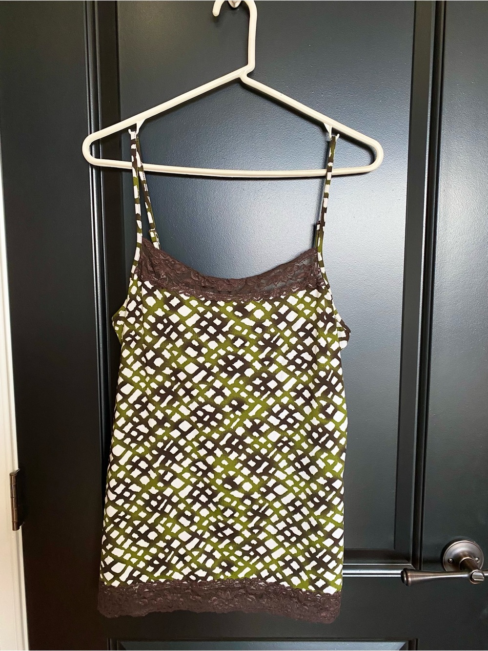 Maurices Olive Green and Cream Printed Cami with Brown Lace Trim